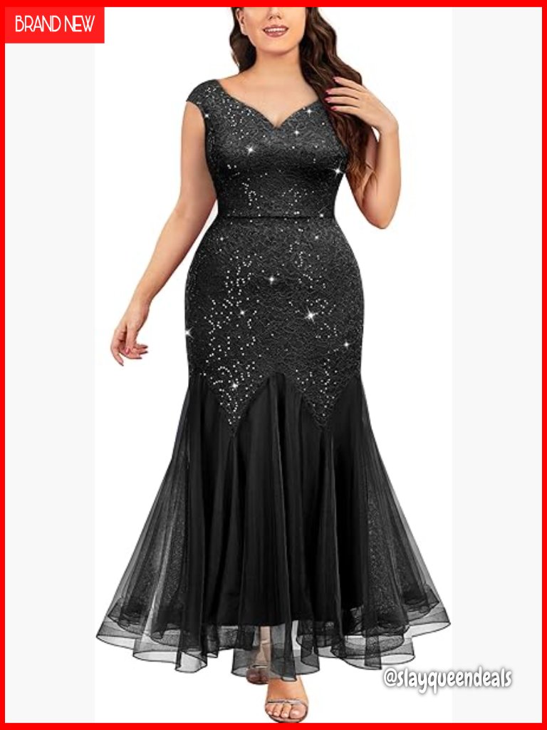 Plus Size Sleeveless Sequin Lace V-Neck Tulle Mermaid Hem Formal Gown Dress